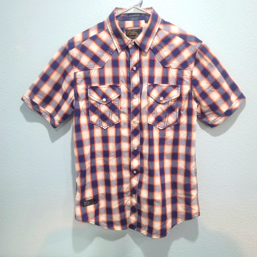 7 Diamonds Vintage Western Men's Navy White and Orange Plaid Shirt Size S